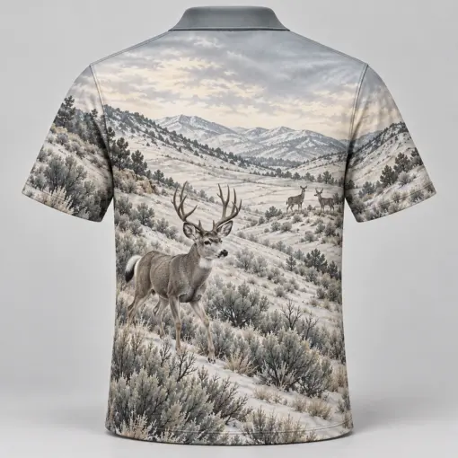 Mule Deer Mountains Winter Brush Polo Shirt - Back view