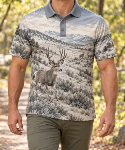 Mule Deer Mountains Winter Brush Polo Shirt - Model wearing the product