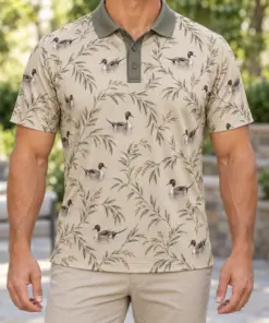 Pintail Willow Scallop Oat Moss Polo Shirt - Model wearing the product