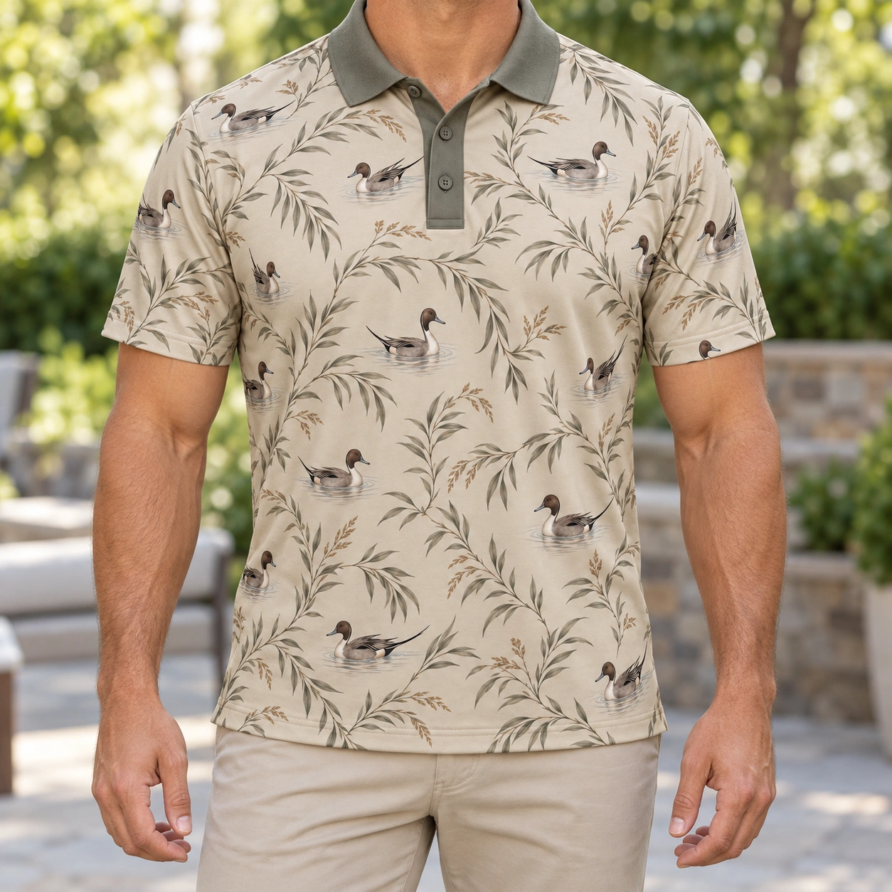Pintail Willow Scallop Oat Moss Polo Shirt - Model wearing the product