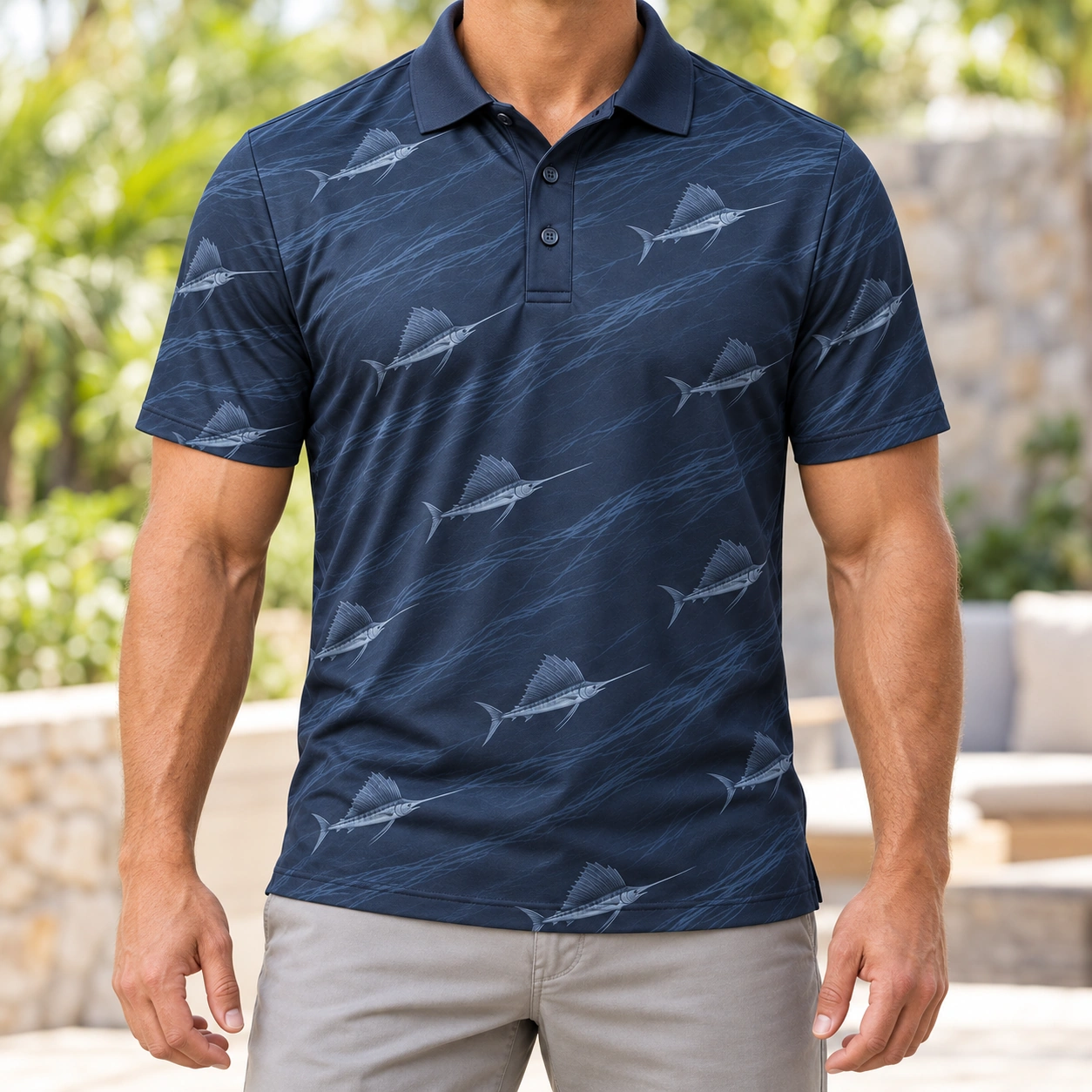 Sailfish Fan Current Ink Smoke Polo Shirt - Model wearing the product