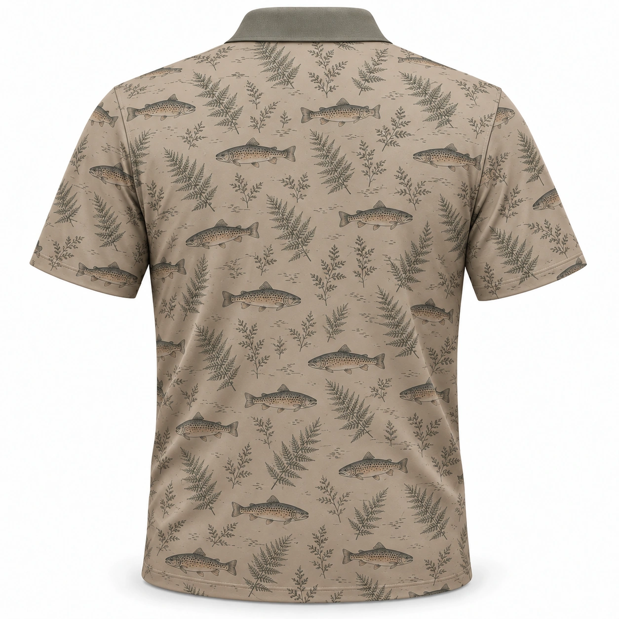 Trout Fern Tiles Taupe Sage Polo Shirt - Back view