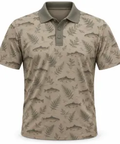 Trout Fern Tiles Taupe Sage Polo Shirt - Front view