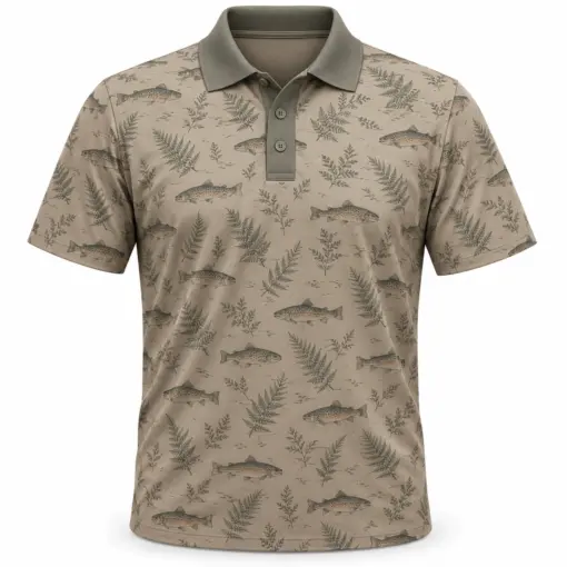 Trout Fern Tiles Taupe Sage Polo Shirt - Front view