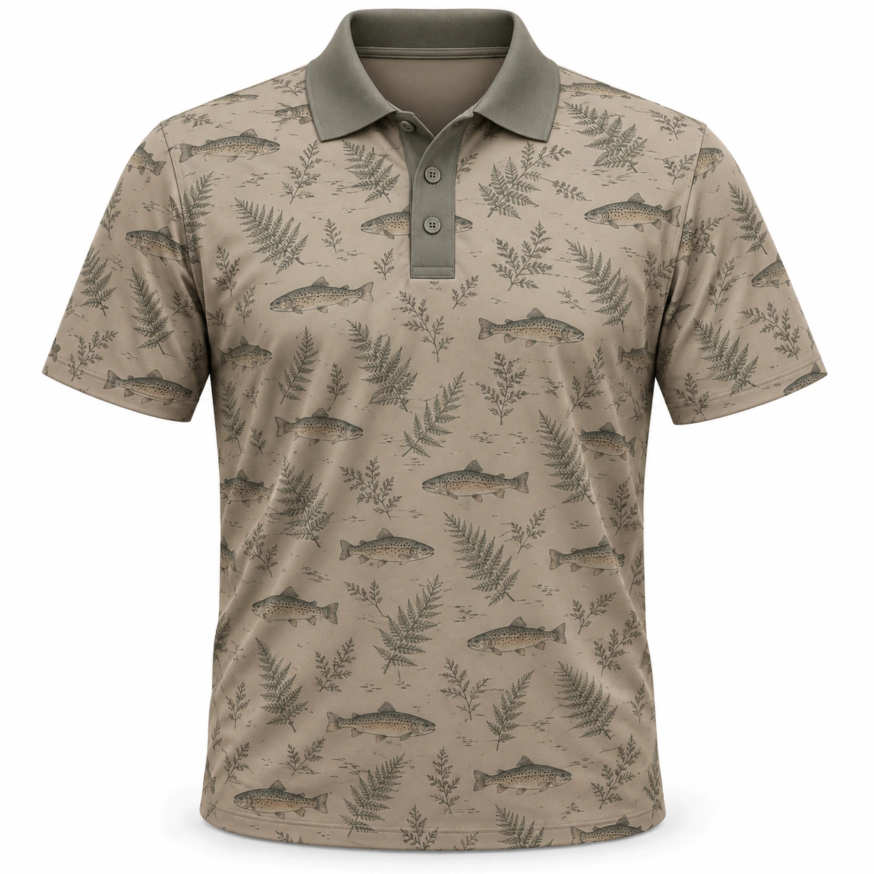 Trout Fern Tiles Taupe Sage Polo Shirt - Front view