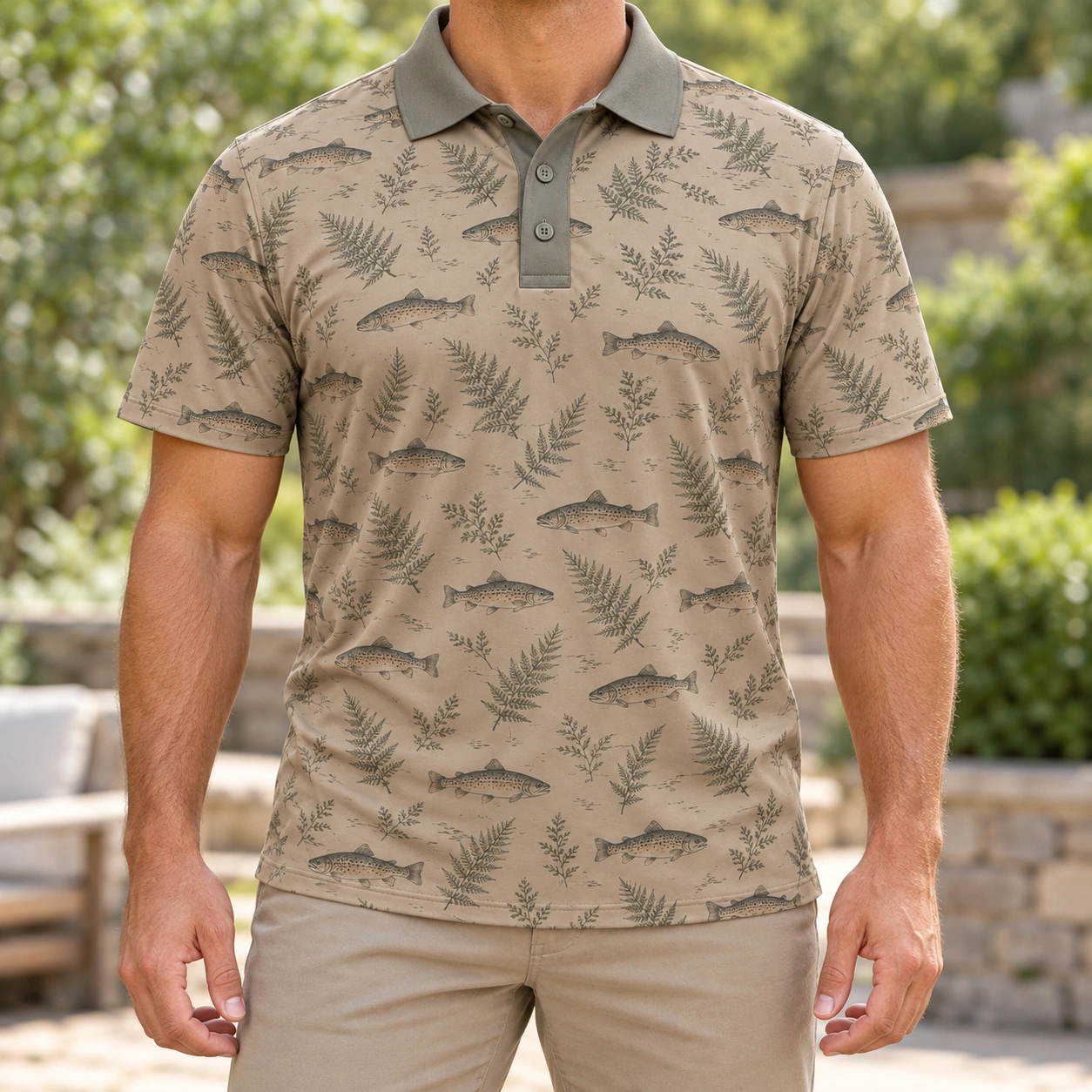 Trout Fern Tiles Taupe Sage Polo Shirt - Model wearing the product