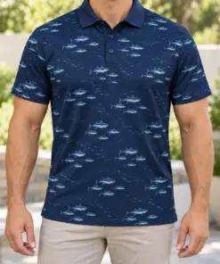 Tuna Shoal Dashes Navy Steel Polo Shirt - Model wearing the product