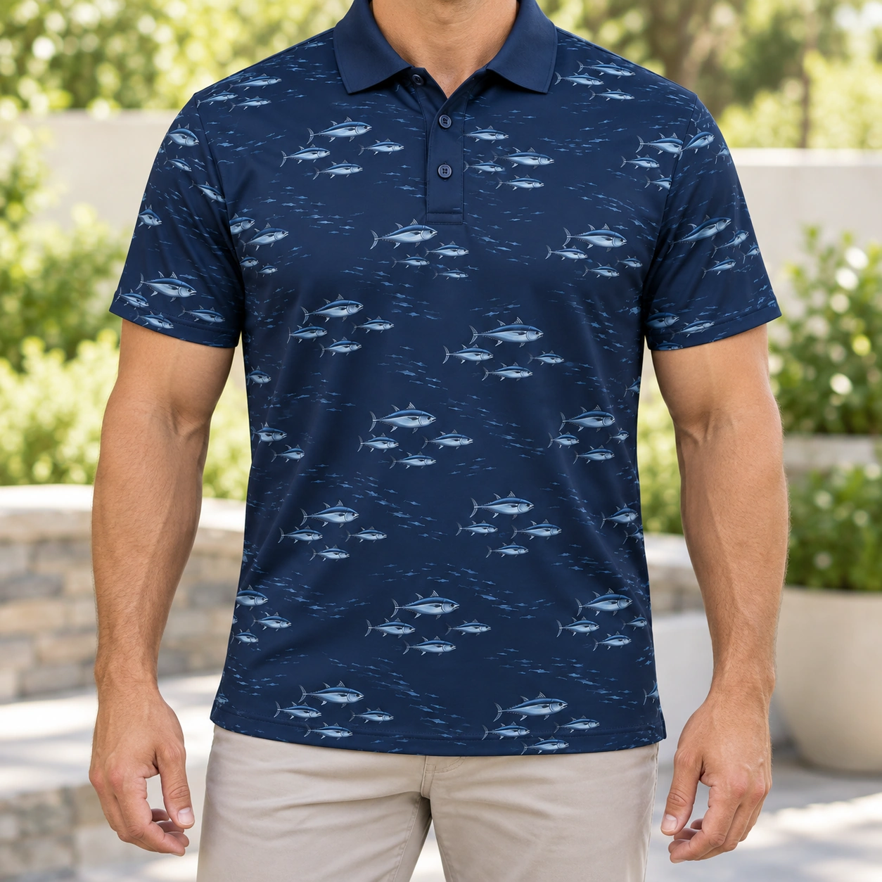 Tuna Shoal Dashes Navy Steel Polo Shirt - Model wearing the product