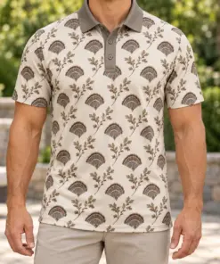 Turkey Fan Botanical Trellis Pearl Taupe Polo Shirt - Model wearing the product