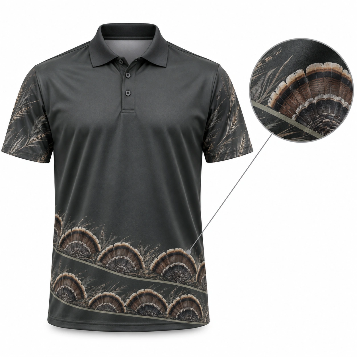 Turkey Fan Hem Crescents Charcoal Sage Polo Shirt - Front view