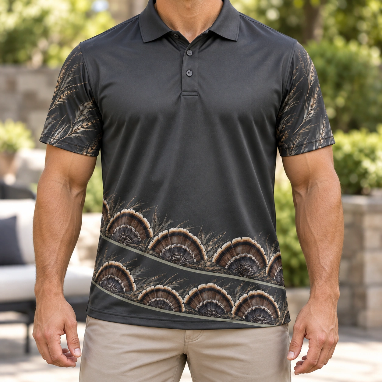 Turkey Fan Hem Crescents Charcoal Sage Polo Shirt - Model wearing the product