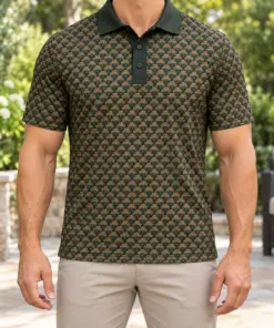 Turkey Fan Mosaic Forest Bronze Polo Shirt - Model wearing the product