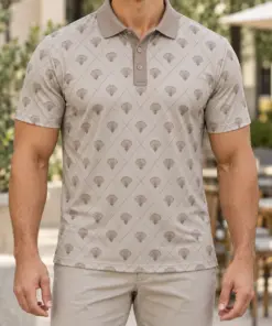 Turkey Fan Trellis Stone Taupe Polo Shirt - Model wearing the product