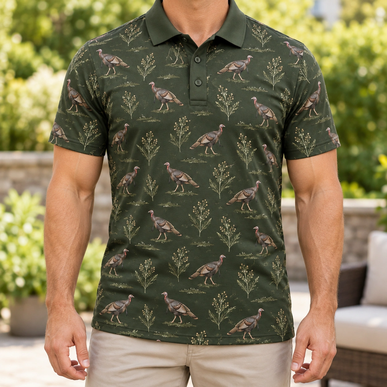 Turkey Walking Seed Ledger Moss Stone Polo Shirt - Model wearing the product
