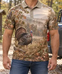 Turkey Woodland Morning Polo Shirt - Model wearing the product