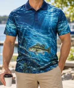 Underwater Bass Blue Current Polo Shirt - Model wearing the product