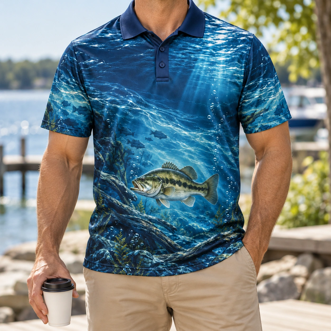 Underwater Bass Blue Current Polo Shirt - Model wearing the product