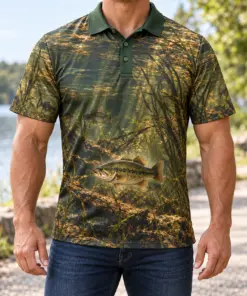 Underwater Bass Bronze Lake Polo Shirt - Model wearing the product