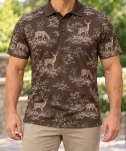 Whitetail Bramble Toile Espresso Sand Polo Shirt - Model wearing the product