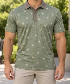 Whitetail Clover Pin Dot Sage Taupe Polo Shirt - Model wearing the product