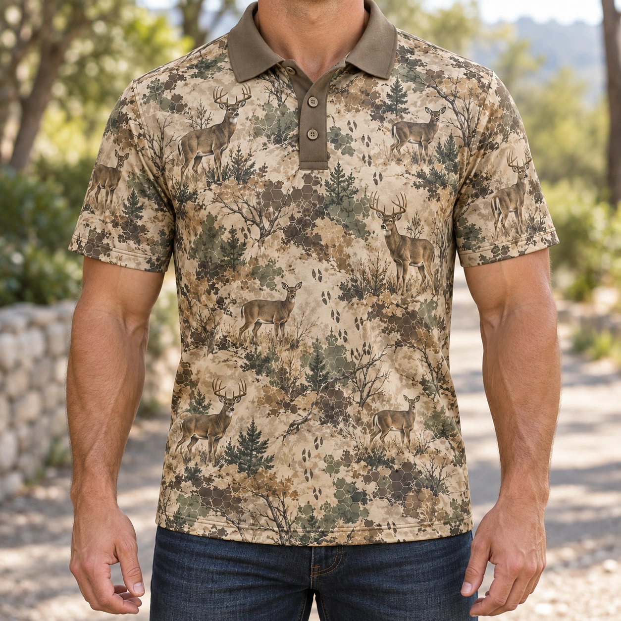 Whitetail Woodland Sand Brush Polo Shirt - Model wearing the product