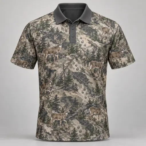 Whitetail Woodland Stone Forest Polo Shirt - Front view