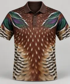 Wood Duck Feathers Chestnut Emerald Polo Shirt - Front view