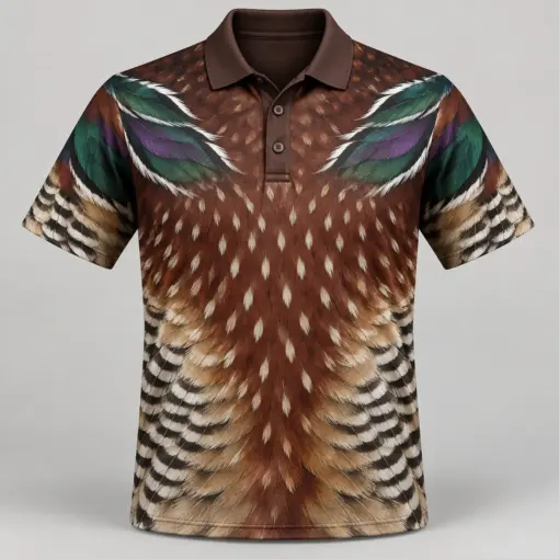 Wood Duck Feathers Chestnut Emerald Polo Shirt - Front view