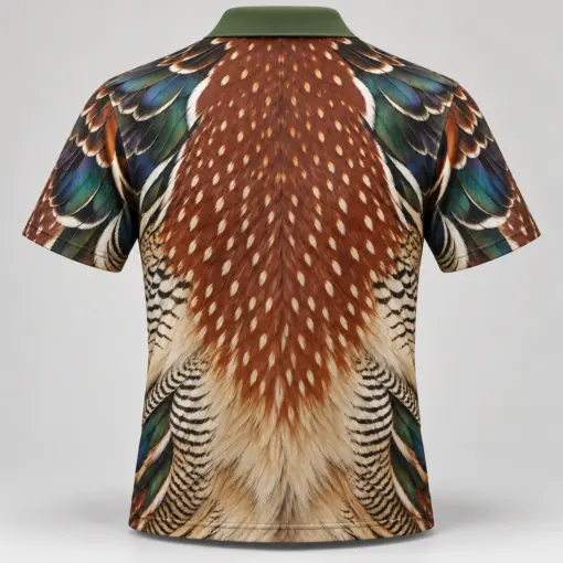 Wood Duck Feathers Moss Copper Polo Shirt - Back view