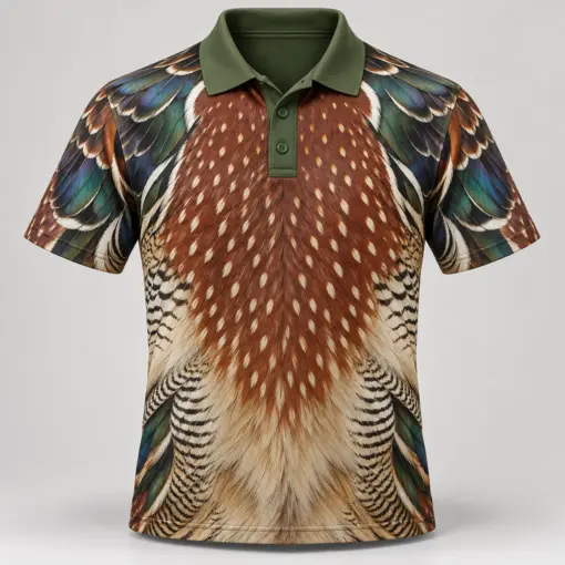 Wood Duck Feathers Moss Copper Polo Shirt - Front view
