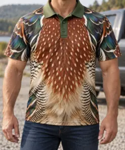 Wood Duck Feathers Moss Copper Polo Shirt - Model wearing the product